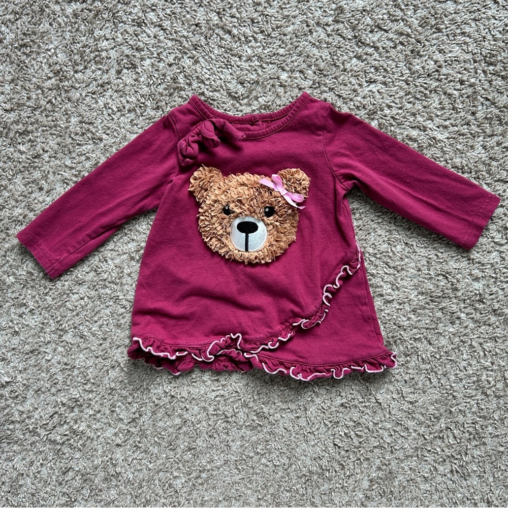 Good Lad I Baby Dress Pink Bear Applique I Size 12M I Long Sleeve Ruffle Hem